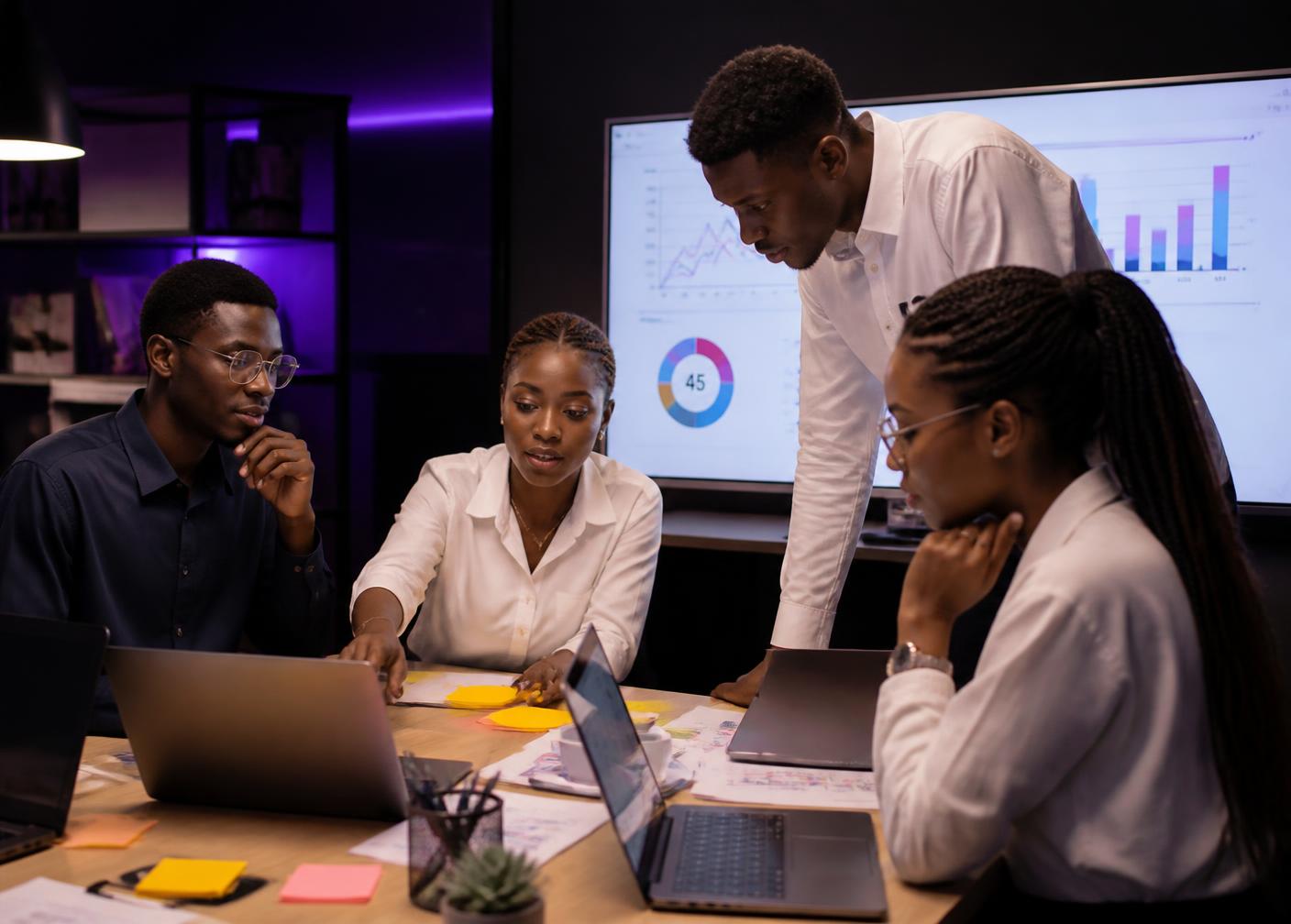 Young professionals collaborating around laptops and a screen showing performance charts