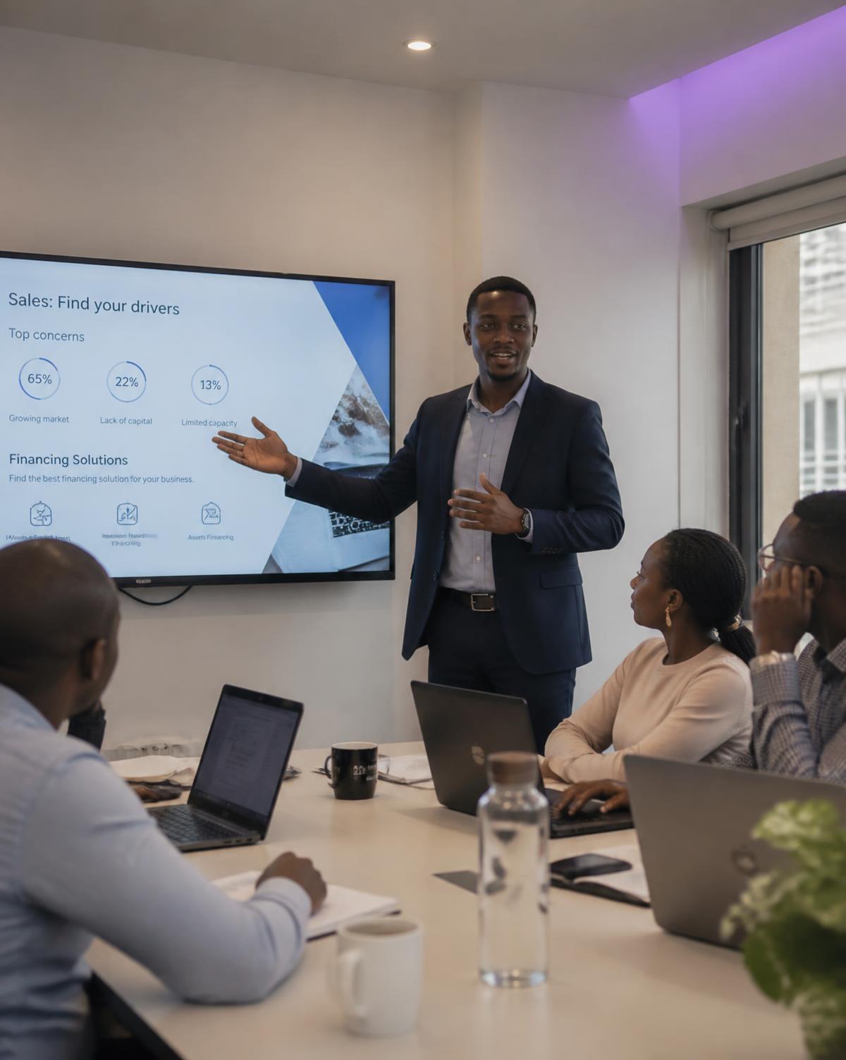 A young professional presenting project work to colleagues in a meeting room